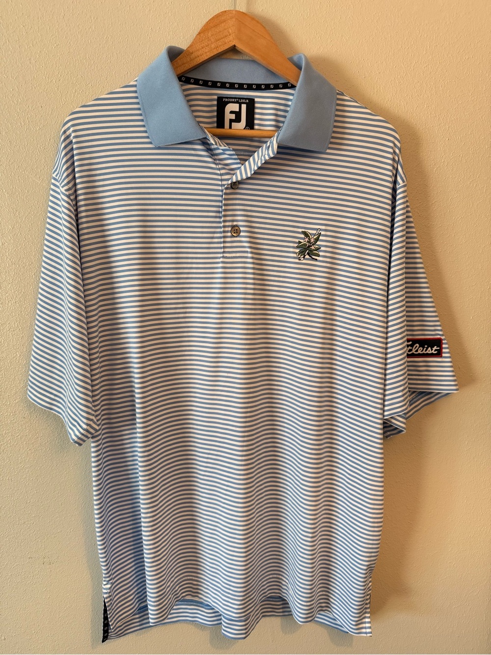 FootJoy Striped Light Blue Polo golf Shirt Titleist logo Men Prodry Lisle large